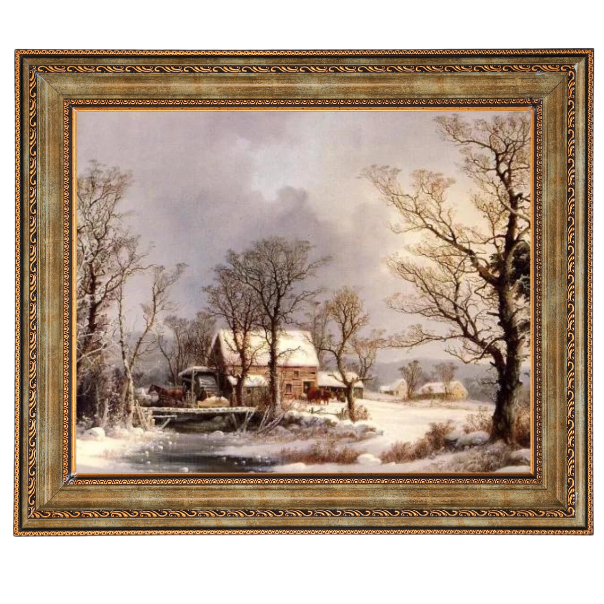 Winter auf dem Land, die alte Getreidemühle - Vintage Wandkunstdrucke Dekor für Wohnzimmer