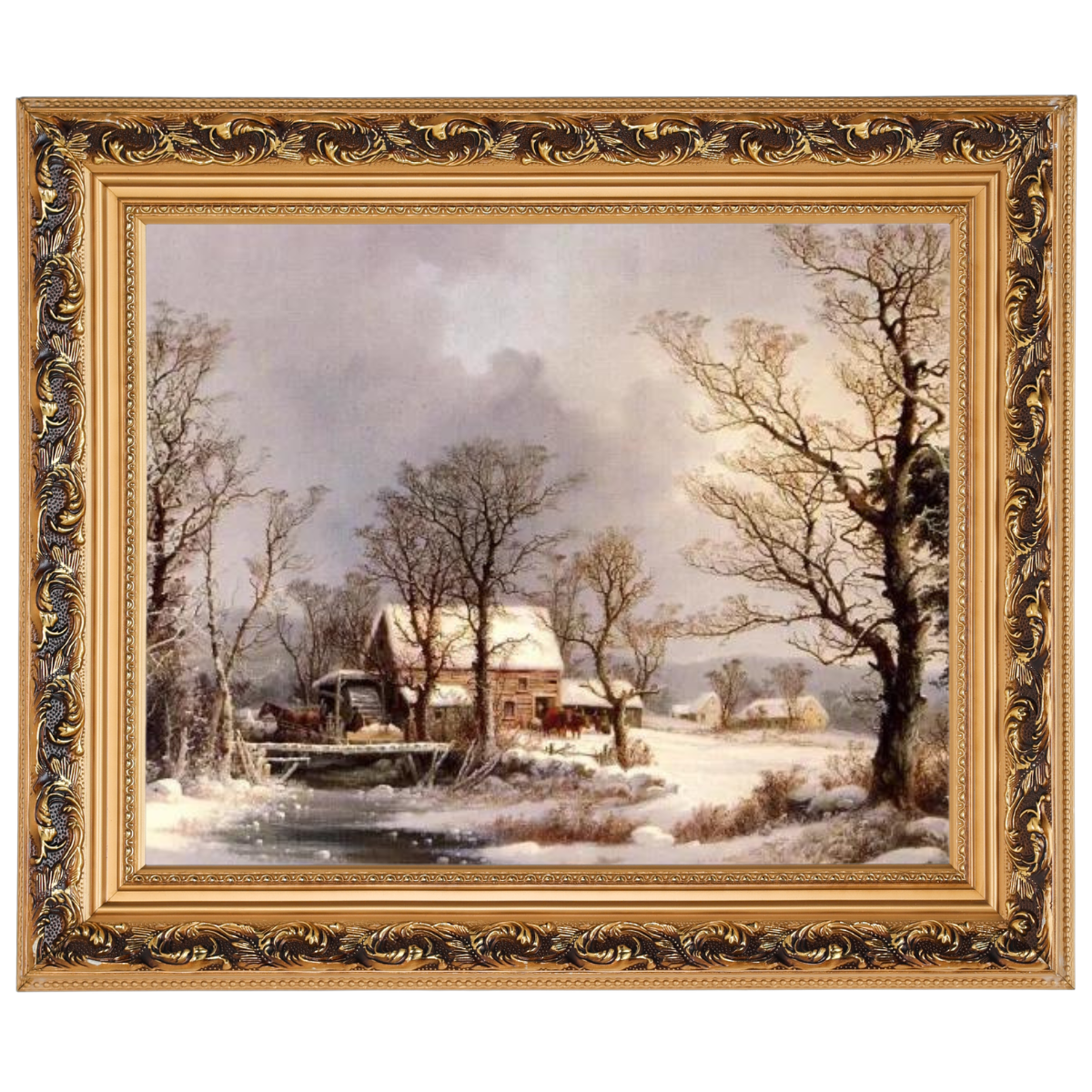 Winter auf dem Land, die alte Getreidemühle - Vintage Wandkunstdrucke Dekor für Wohnzimmer