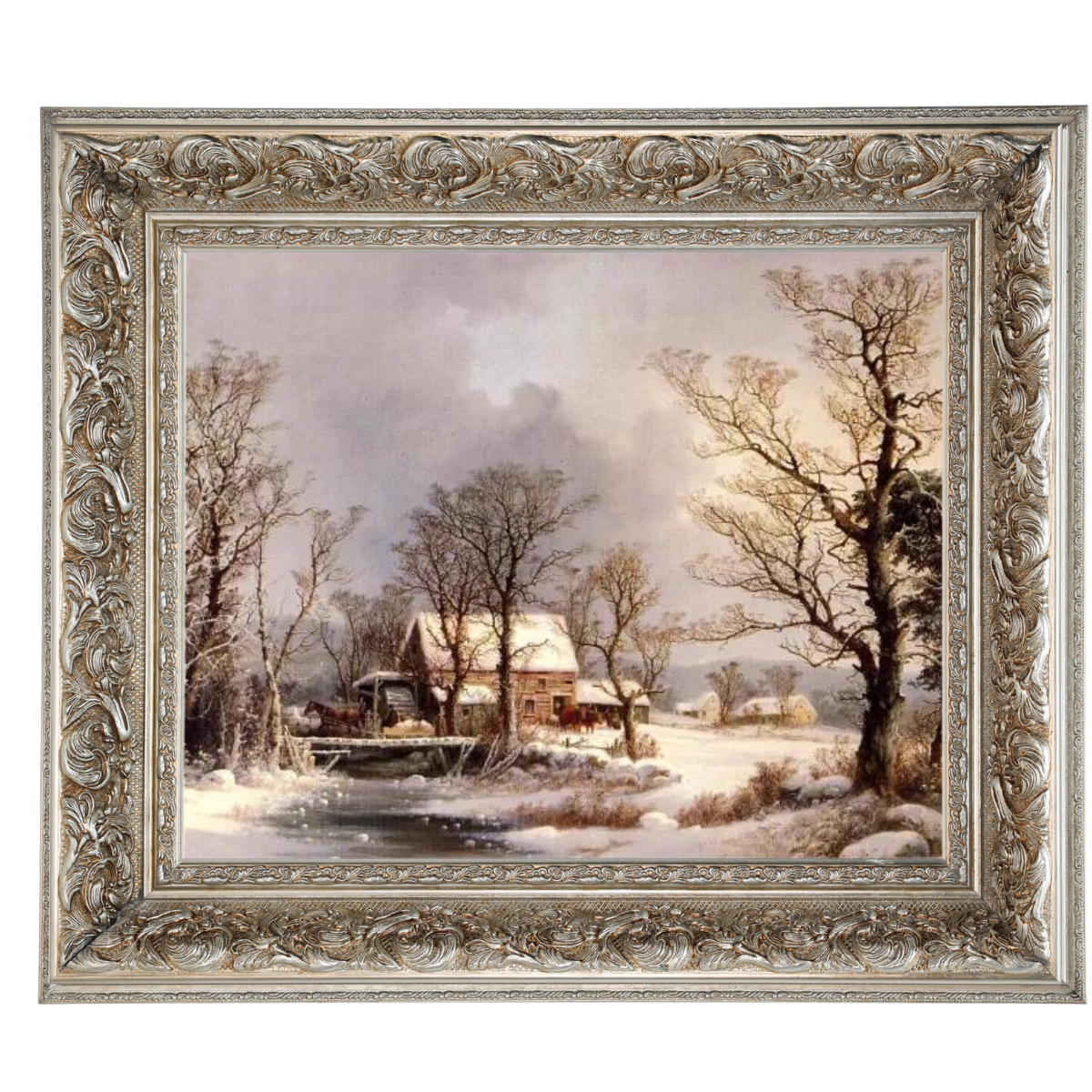 Winter auf dem Land, die alte Getreidemühle - Vintage Wandkunstdrucke Dekor für Wohnzimmer