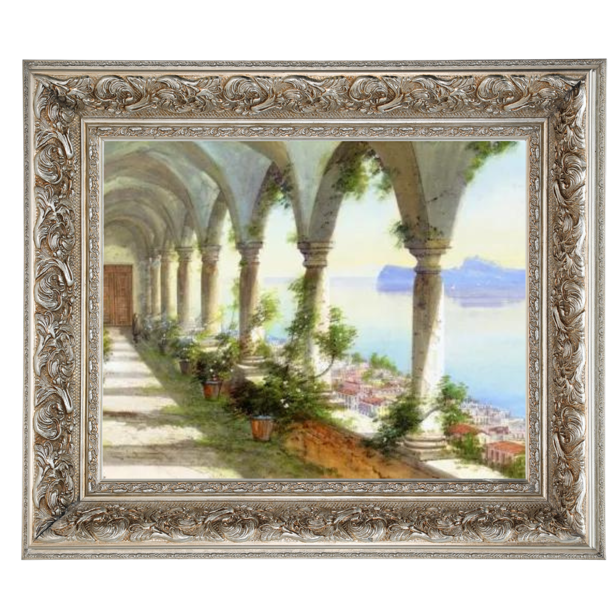 Eine Säulenhalle mit Blick auf die Insel Capri - Vintage Wandkunstdrucke Dekor für Wohnzimmer