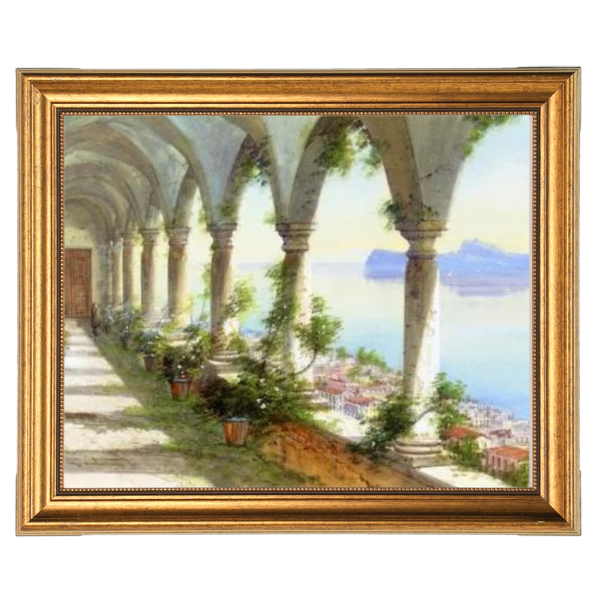 Eine Säulenhalle mit Blick auf die Insel Capri - Vintage Wandkunstdrucke Dekor für Wohnzimmer