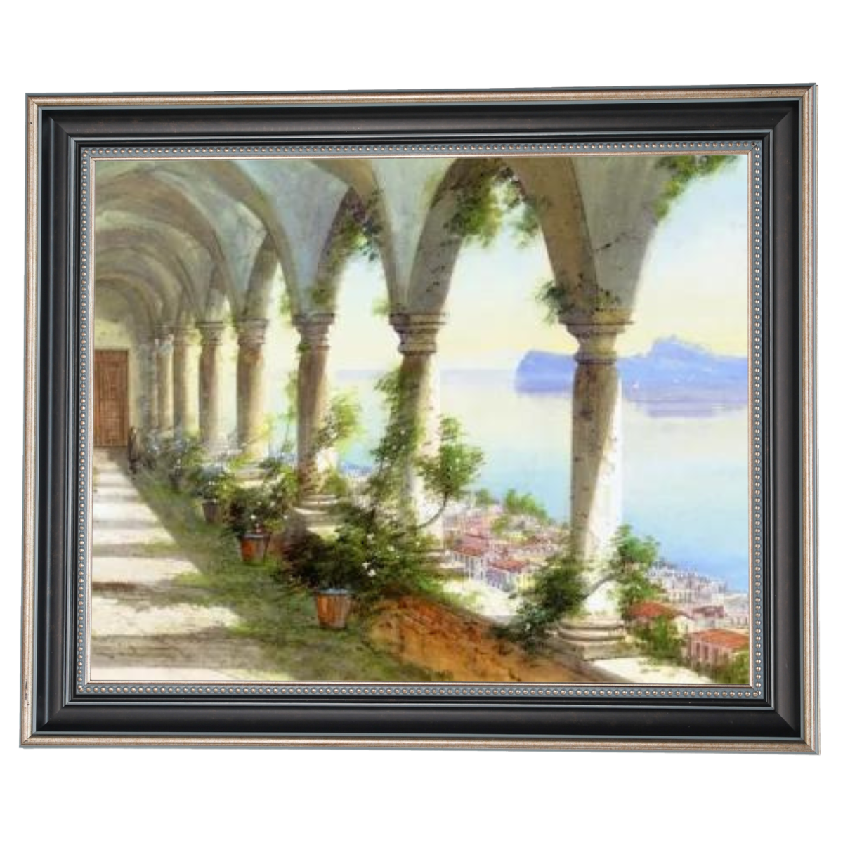 Eine Säulenhalle mit Blick auf die Insel Capri - Vintage Wandkunstdrucke Dekor für Wohnzimmer