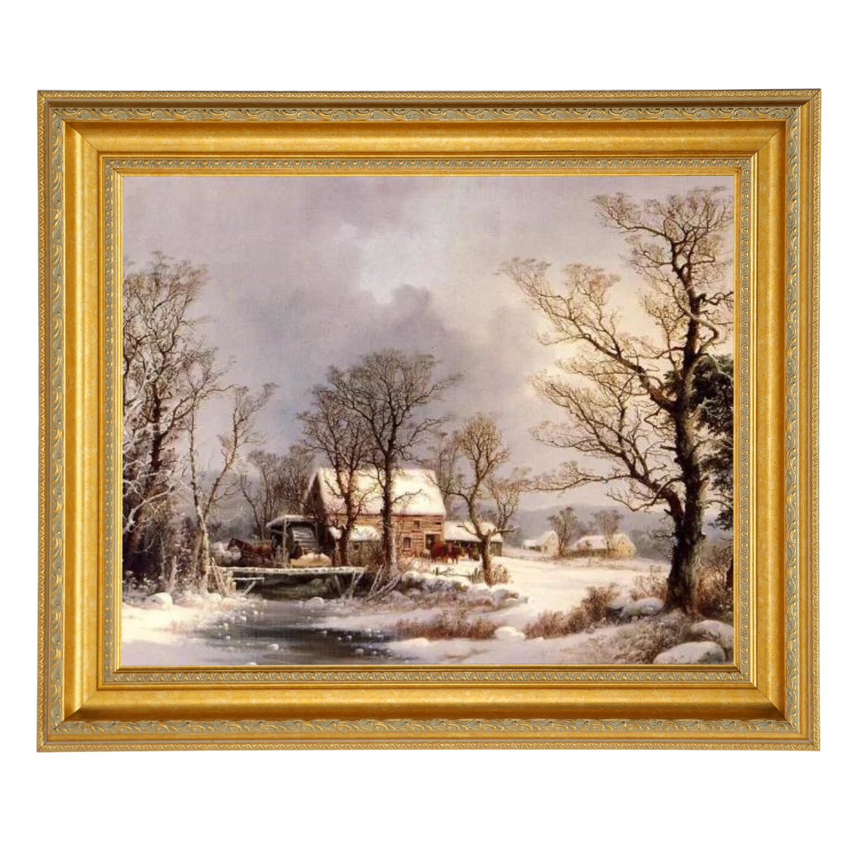 Winter auf dem Land, die alte Getreidemühle - Vintage Wandkunstdrucke Dekor für Wohnzimmer