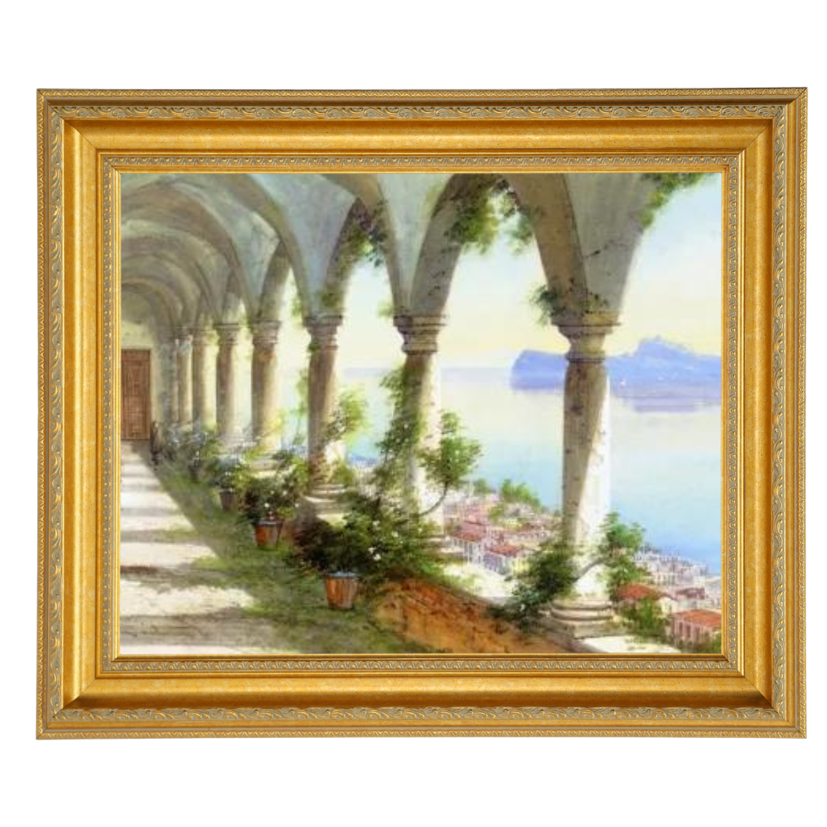 Eine Säulenhalle mit Blick auf die Insel Capri - Vintage Wandkunstdrucke Dekor für Wohnzimmer