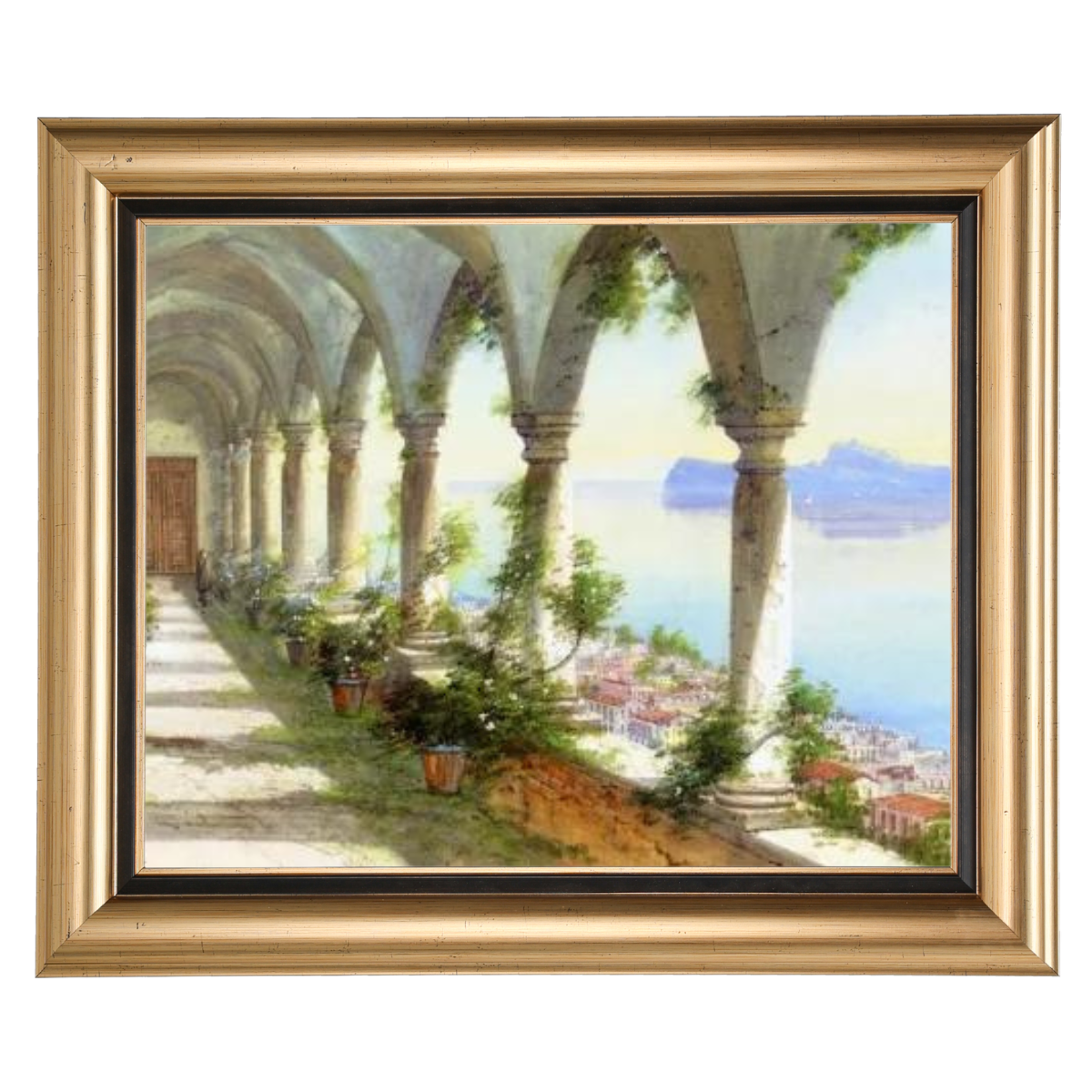 Eine Säulenhalle mit Blick auf die Insel Capri - Vintage Wandkunstdrucke Dekor für Wohnzimmer