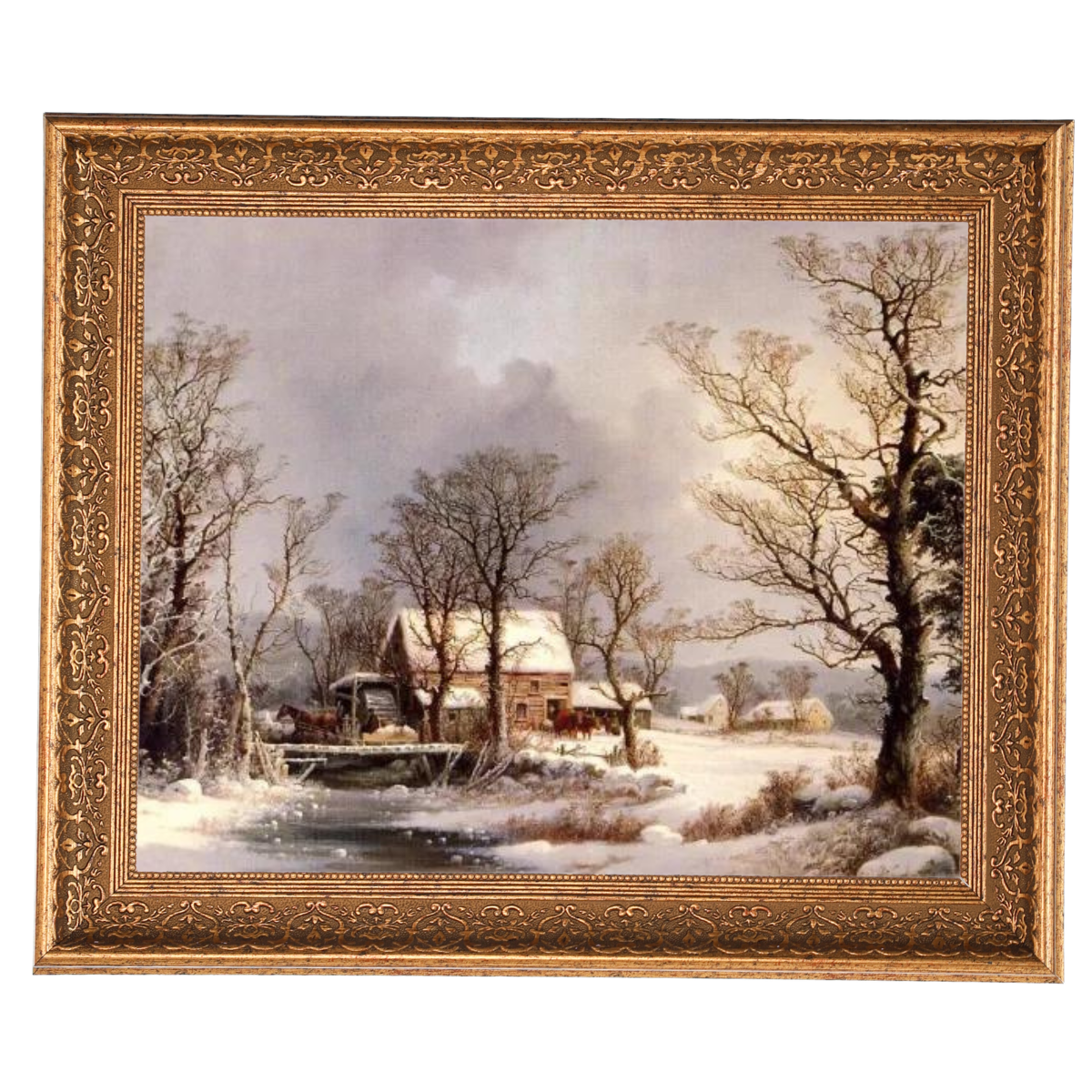 Winter auf dem Land, die alte Getreidemühle - Vintage Wandkunstdrucke Dekor für Wohnzimmer