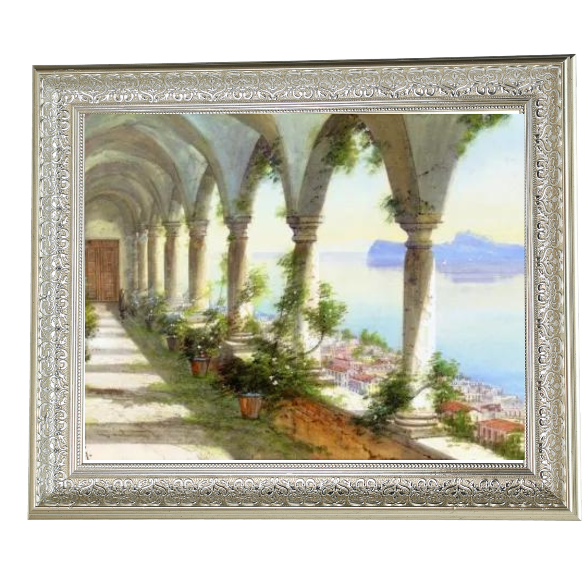 Eine Säulenhalle mit Blick auf die Insel Capri - Vintage Wandkunstdrucke Dekor für Wohnzimmer