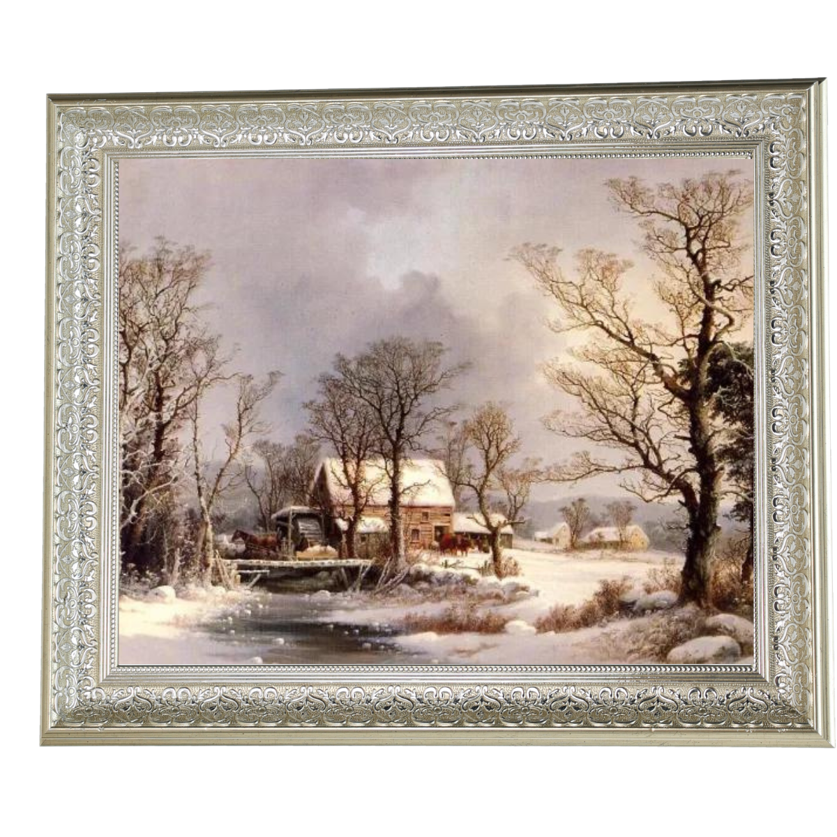 Winter auf dem Land, die alte Getreidemühle - Vintage Wandkunstdrucke Dekor für Wohnzimmer