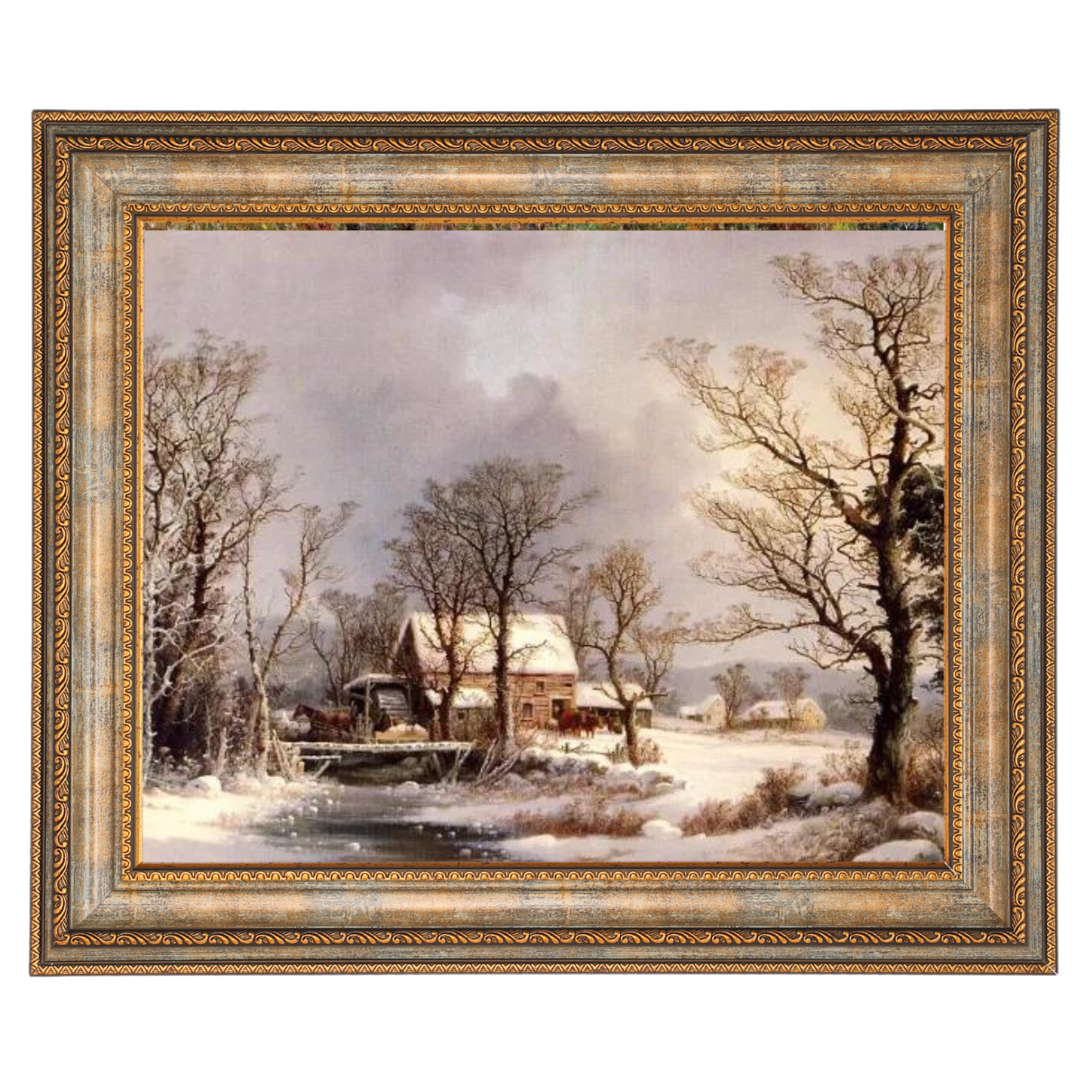 Winter auf dem Land, die alte Getreidemühle - Vintage Wandkunstdrucke Dekor für Wohnzimmer