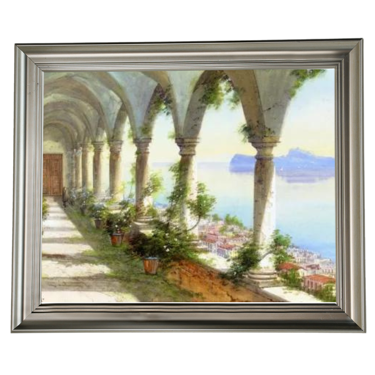 Eine Säulenhalle mit Blick auf die Insel Capri - Vintage Wandkunstdrucke Dekor für Wohnzimmer