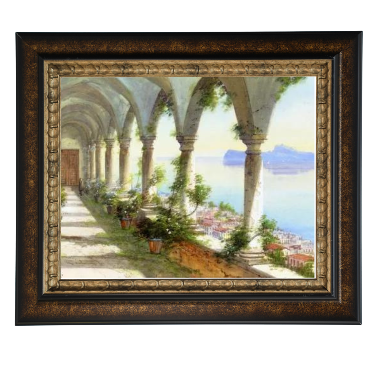 Eine Säulenhalle mit Blick auf die Insel Capri - Vintage Wandkunstdrucke Dekor für Wohnzimmer