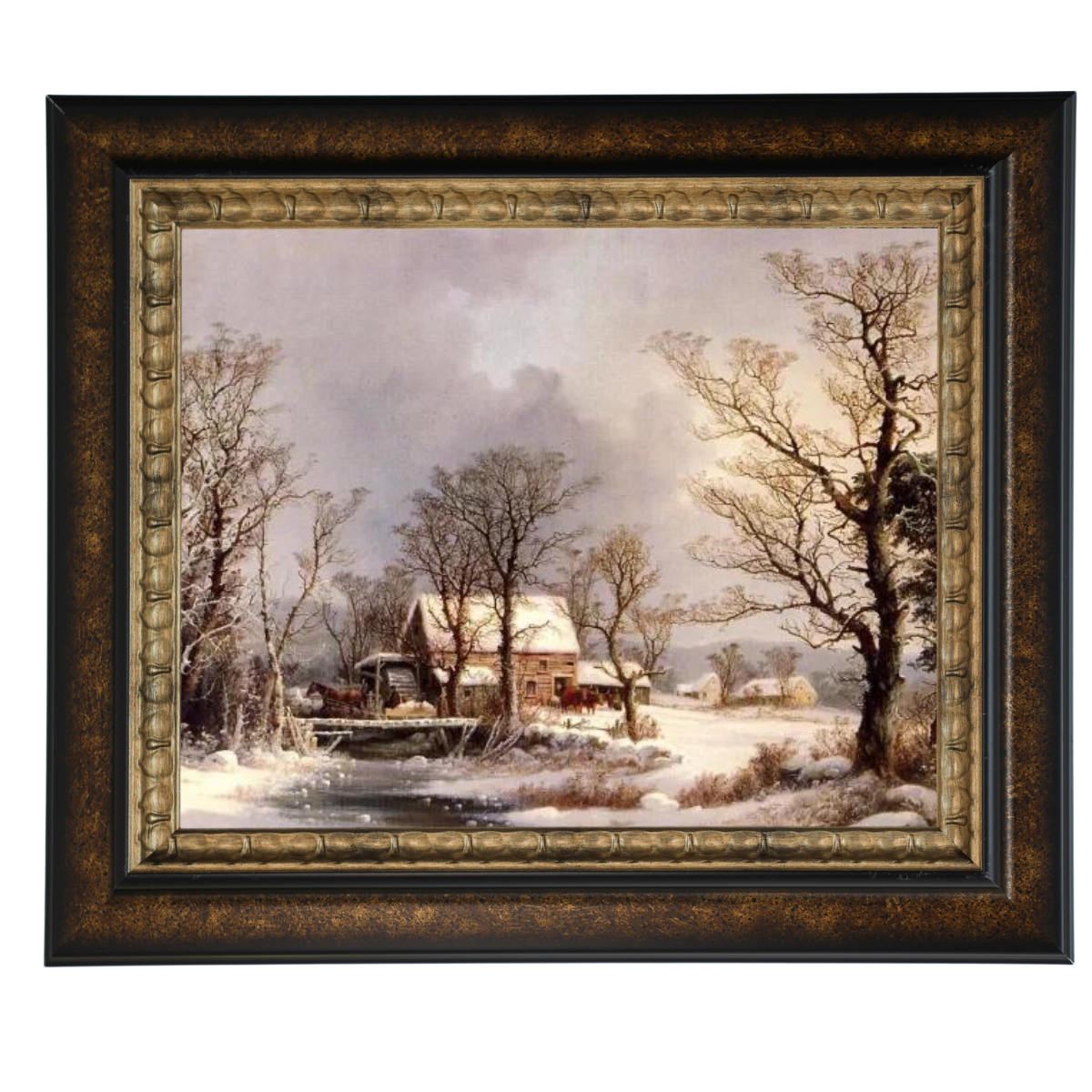 Winter auf dem Land, die alte Getreidemühle - Vintage Wandkunstdrucke Dekor für Wohnzimmer