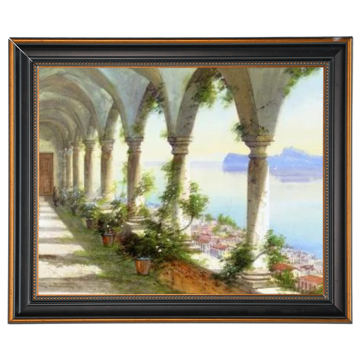 Eine Säulenhalle mit Blick auf die Insel Capri - Vintage Wandkunstdrucke Dekor für Wohnzimmer