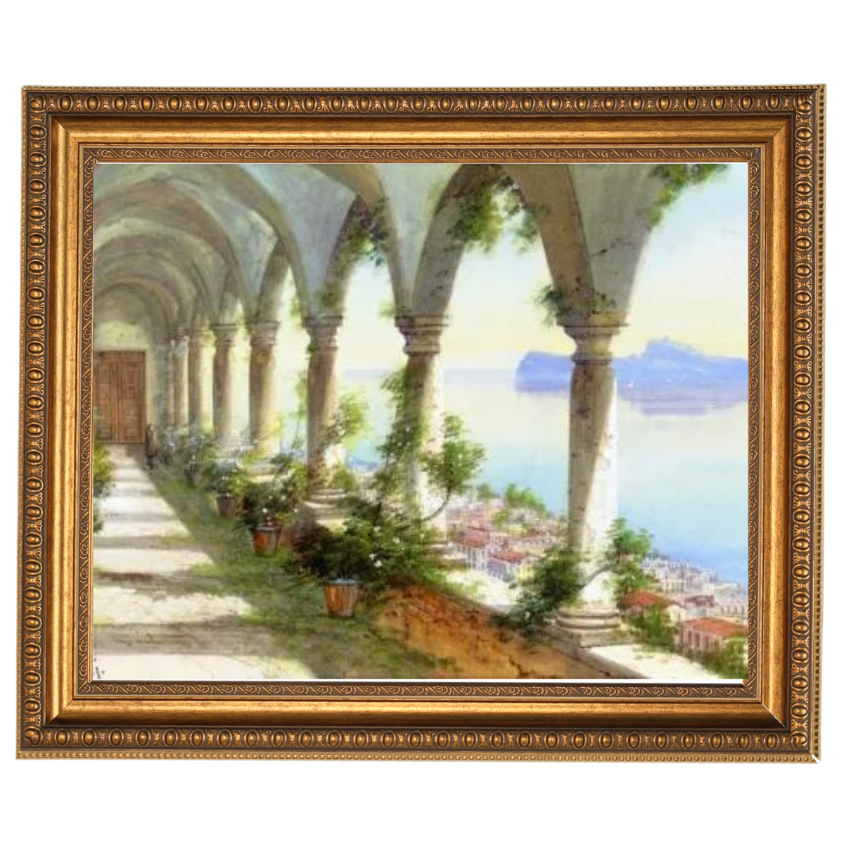 Eine Säulenhalle mit Blick auf die Insel Capri - Vintage Wandkunstdrucke Dekor für Wohnzimmer