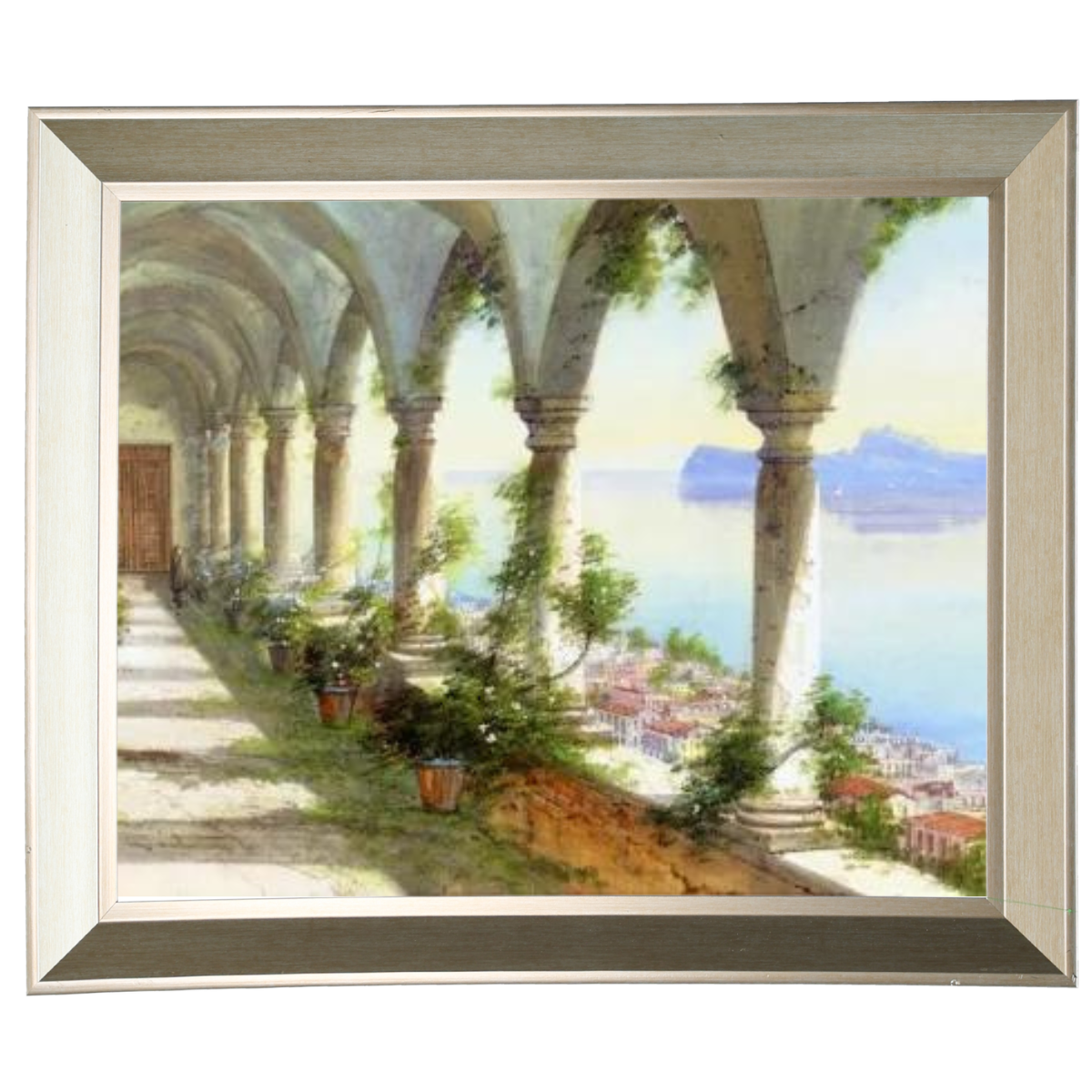 Eine Säulenhalle mit Blick auf die Insel Capri - Vintage Wandkunstdrucke Dekor für Wohnzimmer