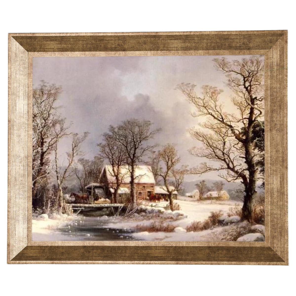 Winter auf dem Land, die alte Getreidemühle - Vintage Wandkunstdrucke Dekor für Wohnzimmer