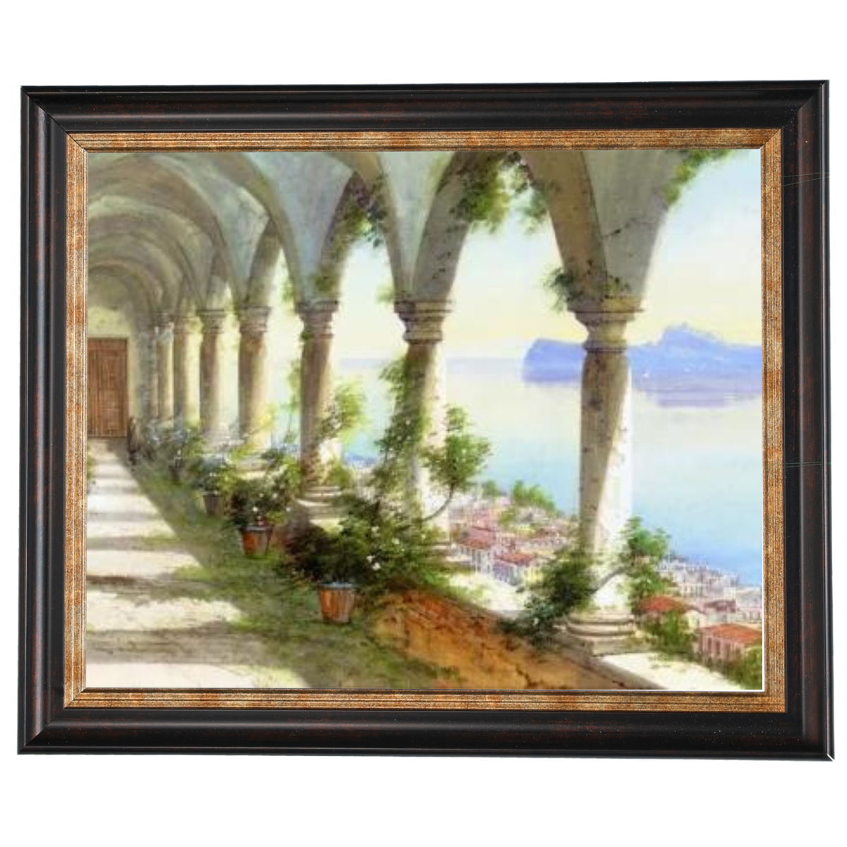 Eine Säulenhalle mit Blick auf die Insel Capri - Vintage Wandkunstdrucke Dekor für Wohnzimmer