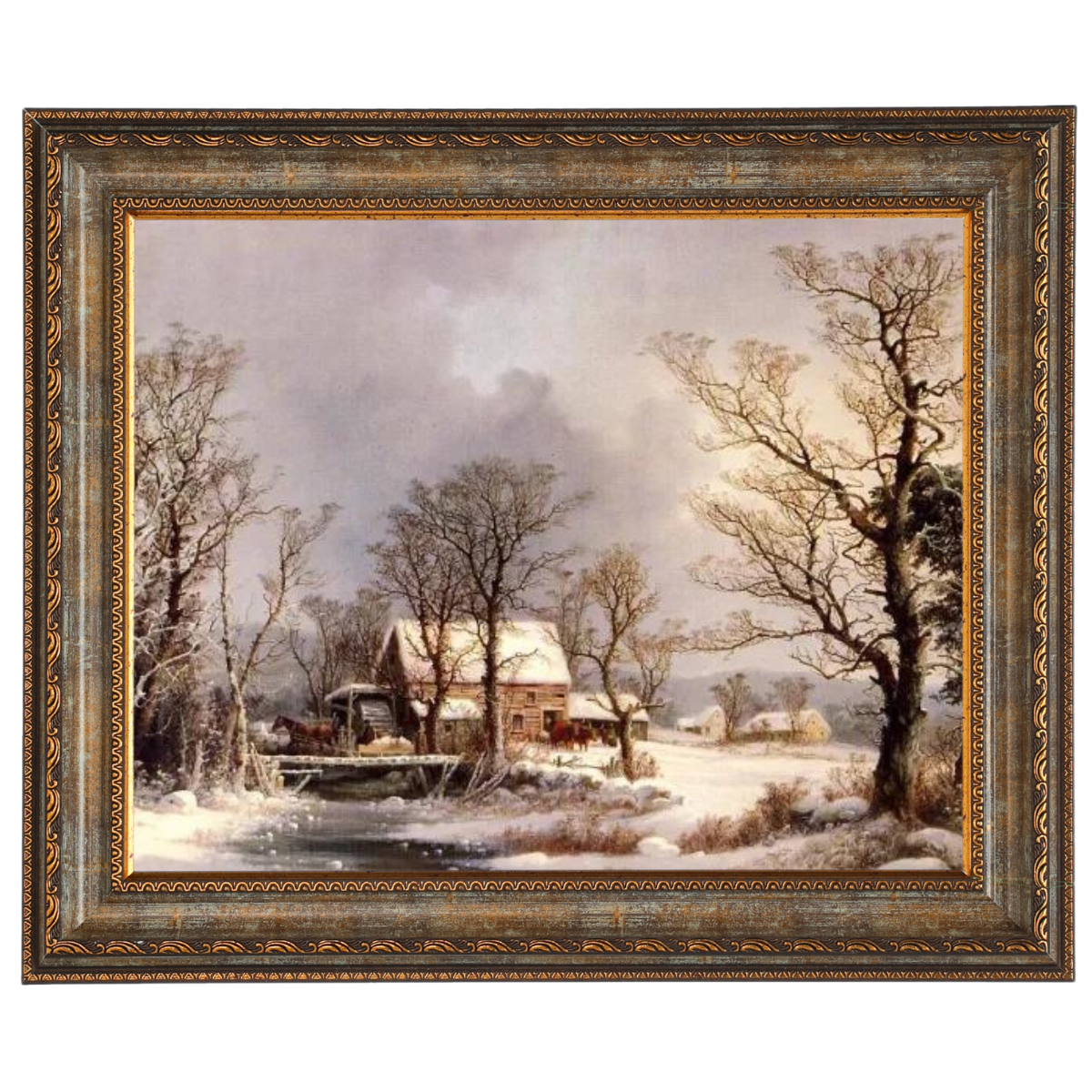 Winter auf dem Land, die alte Getreidemühle - Vintage Wandkunstdrucke Dekor für Wohnzimmer