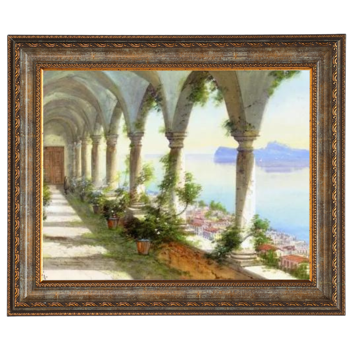 Eine Säulenhalle mit Blick auf die Insel Capri - Vintage Wandkunstdrucke Dekor für Wohnzimmer