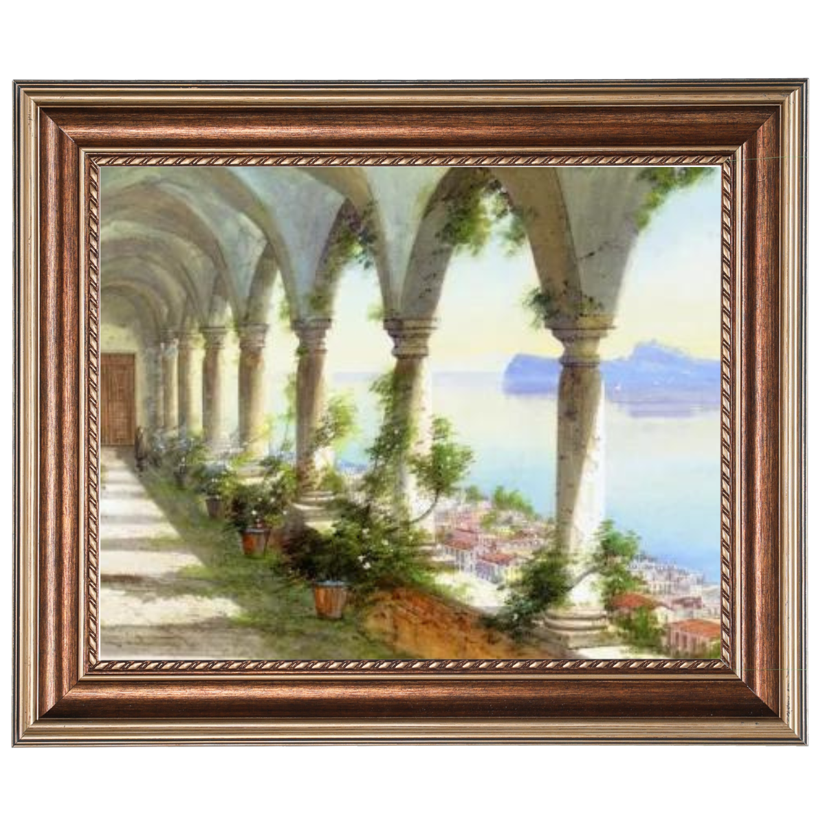 Eine Säulenhalle mit Blick auf die Insel Capri - Vintage Wandkunstdrucke Dekor für Wohnzimmer