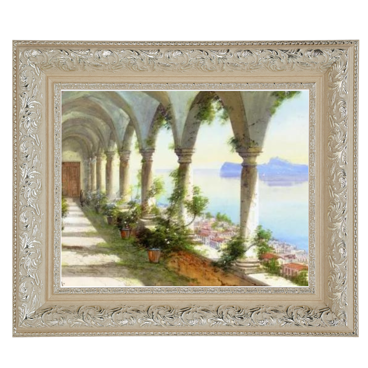 Eine Säulenhalle mit Blick auf die Insel Capri - Vintage Wandkunstdrucke Dekor für Wohnzimmer