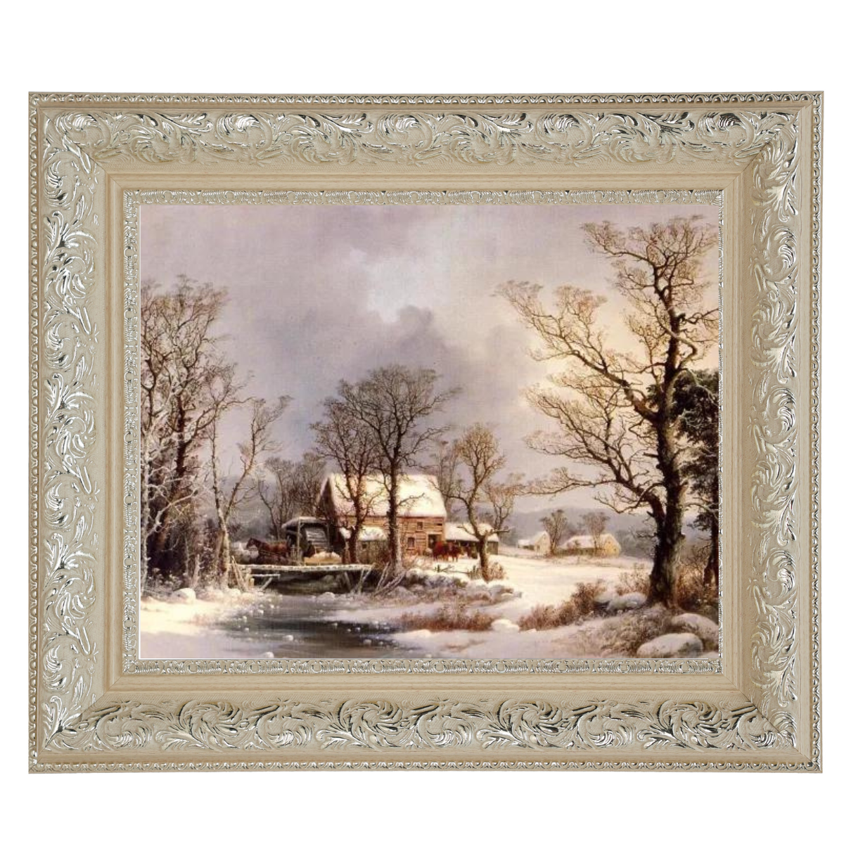 Winter auf dem Land, die alte Getreidemühle - Vintage Wandkunstdrucke Dekor für Wohnzimmer