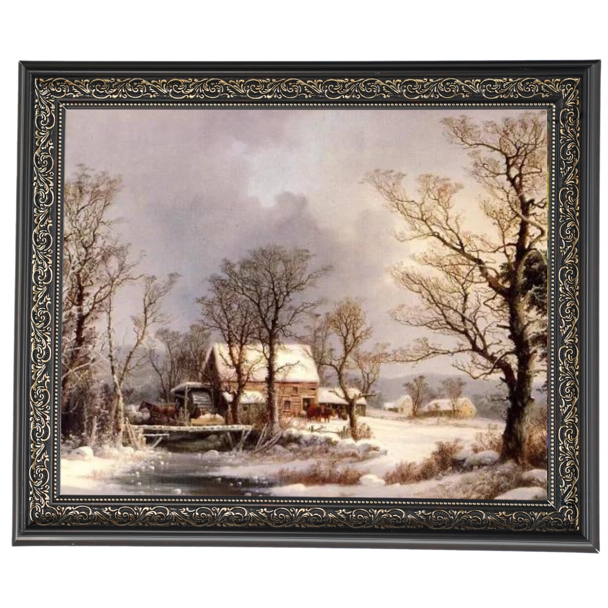 Winter auf dem Land, die alte Getreidemühle - Vintage Wandkunstdrucke Dekor für Wohnzimmer