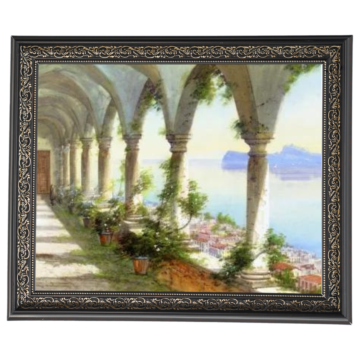 Eine Säulenhalle mit Blick auf die Insel Capri - Vintage Wandkunstdrucke Dekor für Wohnzimmer