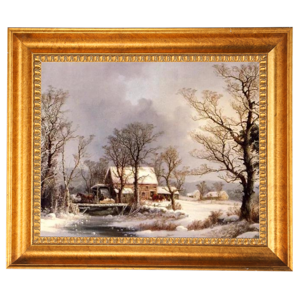 Winter auf dem Land, die alte Getreidemühle - Vintage Wandkunstdrucke Dekor für Wohnzimmer