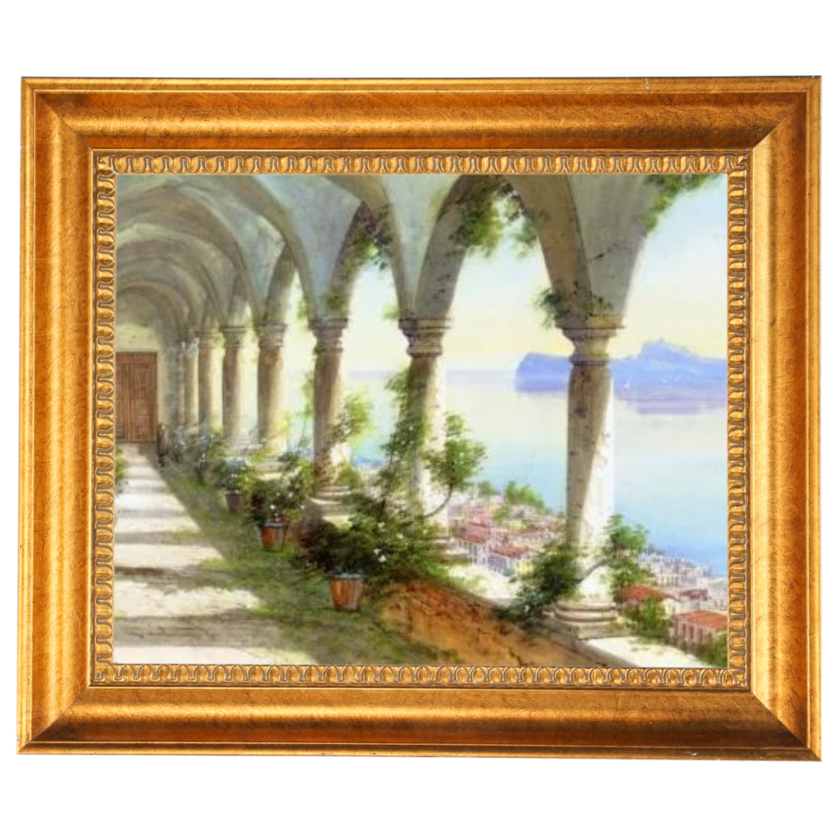 Eine Säulenhalle mit Blick auf die Insel Capri - Vintage Wandkunstdrucke Dekor für Wohnzimmer