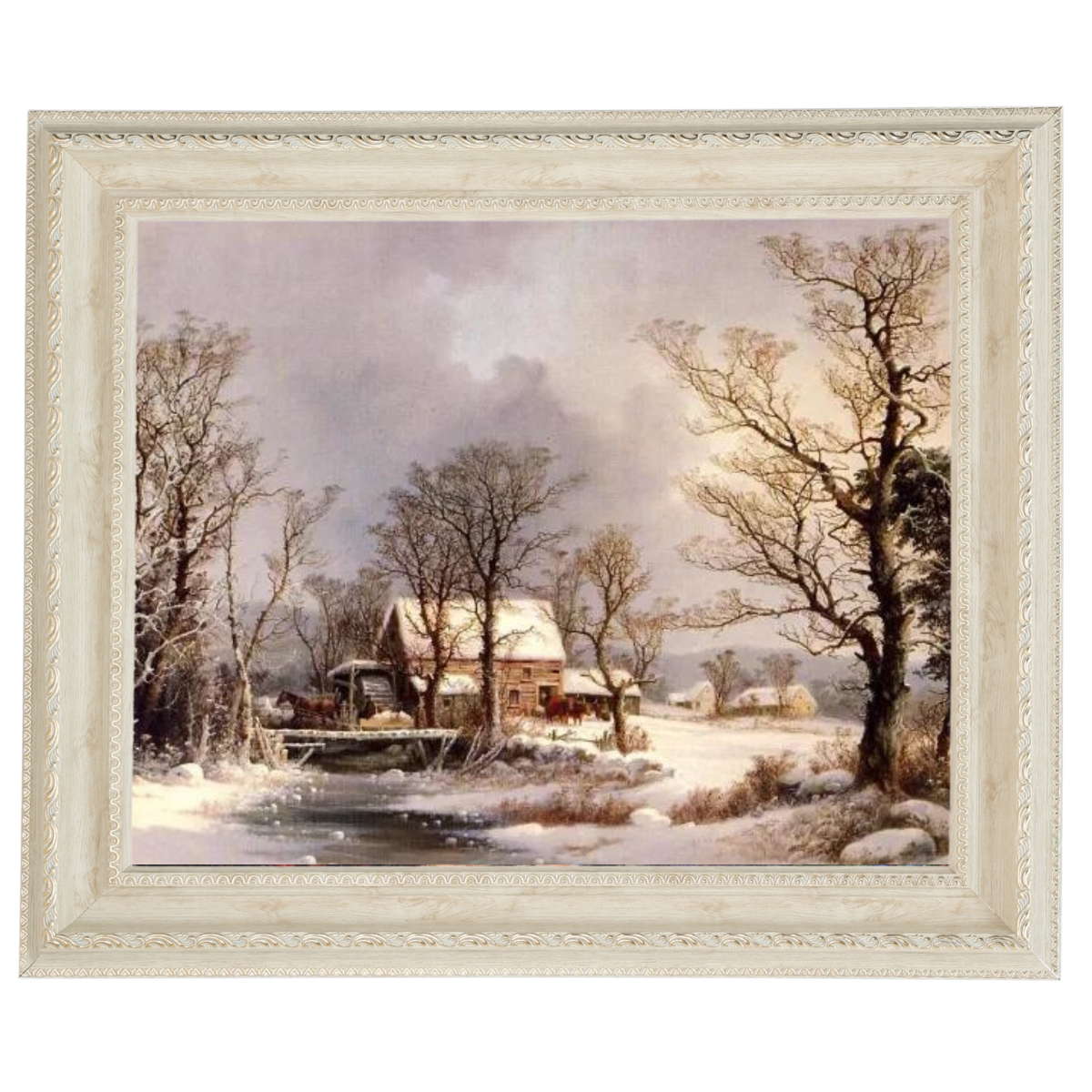 Winter auf dem Land, die alte Getreidemühle - Vintage Wandkunstdrucke Dekor für Wohnzimmer