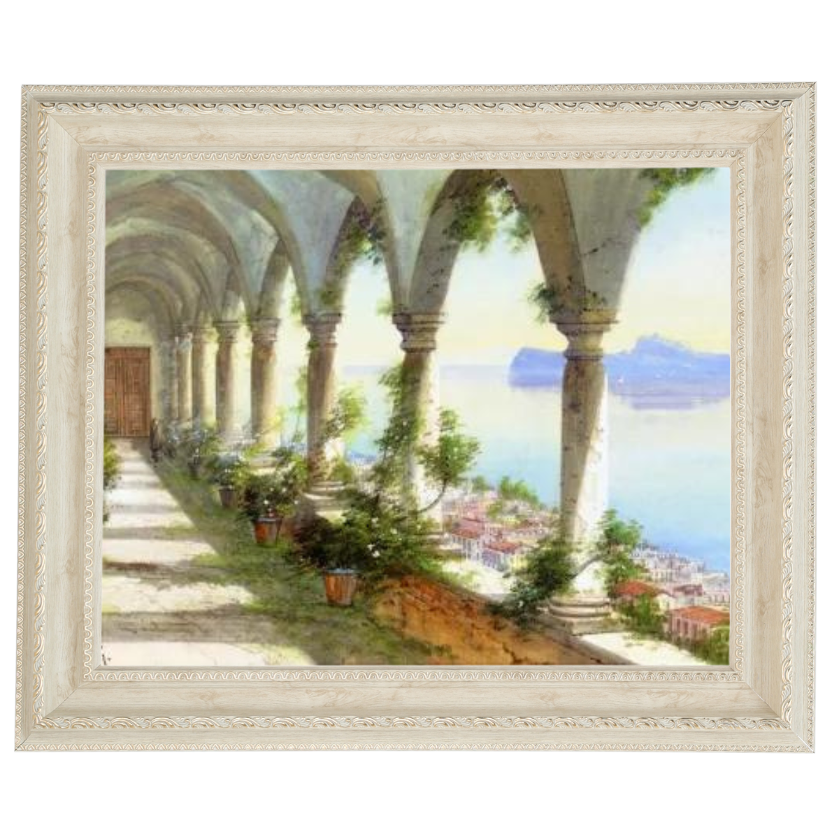 Eine Säulenhalle mit Blick auf die Insel Capri - Vintage Wandkunstdrucke Dekor für Wohnzimmer