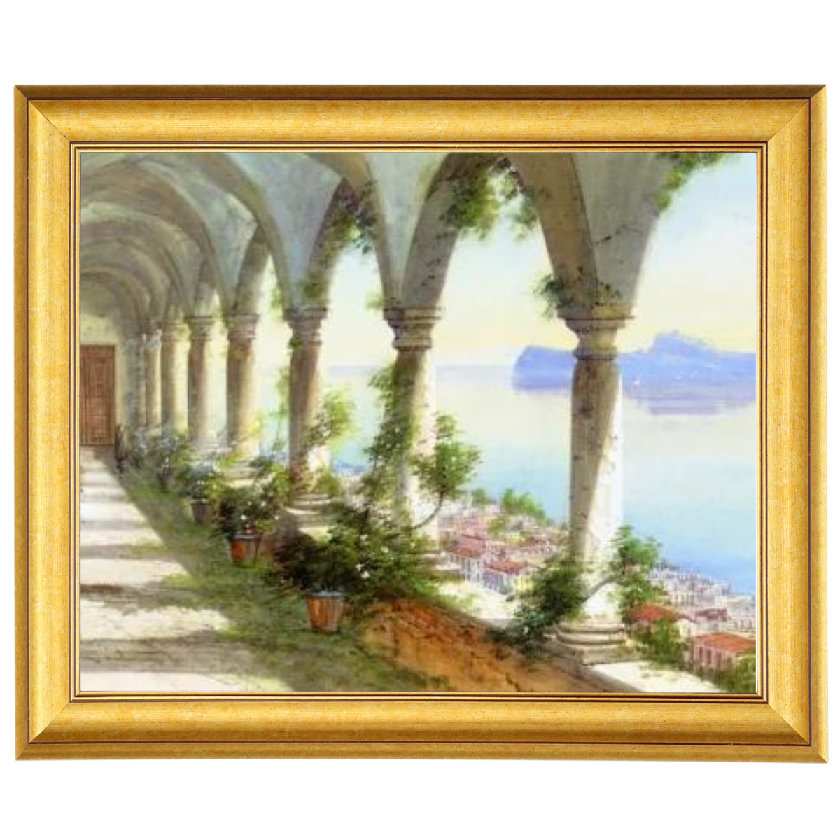 Eine Säulenhalle mit Blick auf die Insel Capri - Vintage Wandkunstdrucke Dekor für Wohnzimmer