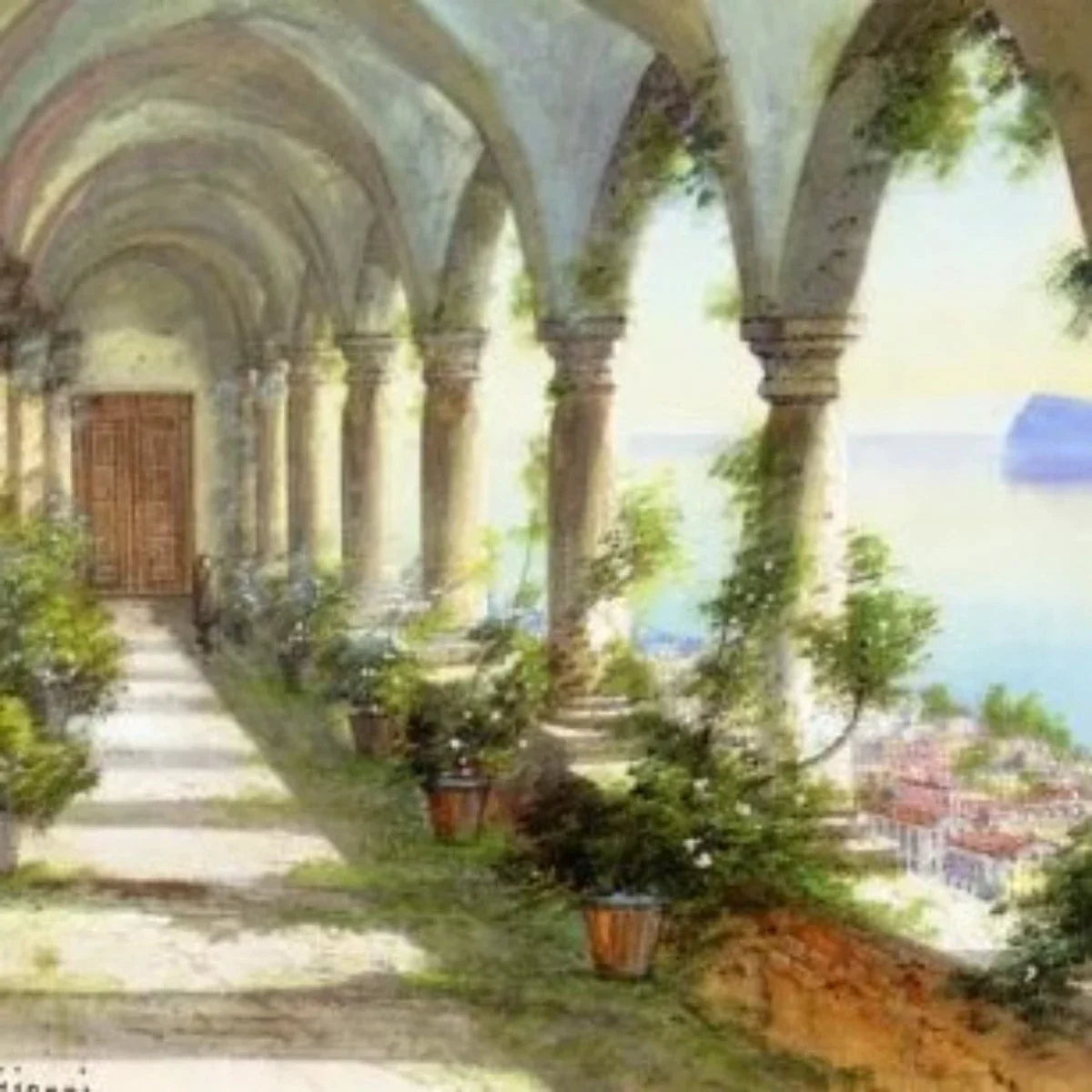 Eine Säulenhalle mit Blick auf die Insel Capri - Vintage Wandkunstdrucke Dekor für Wohnzimmer