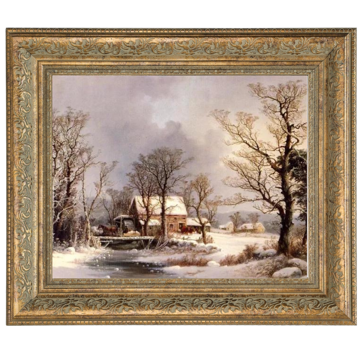 Winter auf dem Land, die alte Getreidemühle - Vintage Wandkunstdrucke Dekor für Wohnzimmer