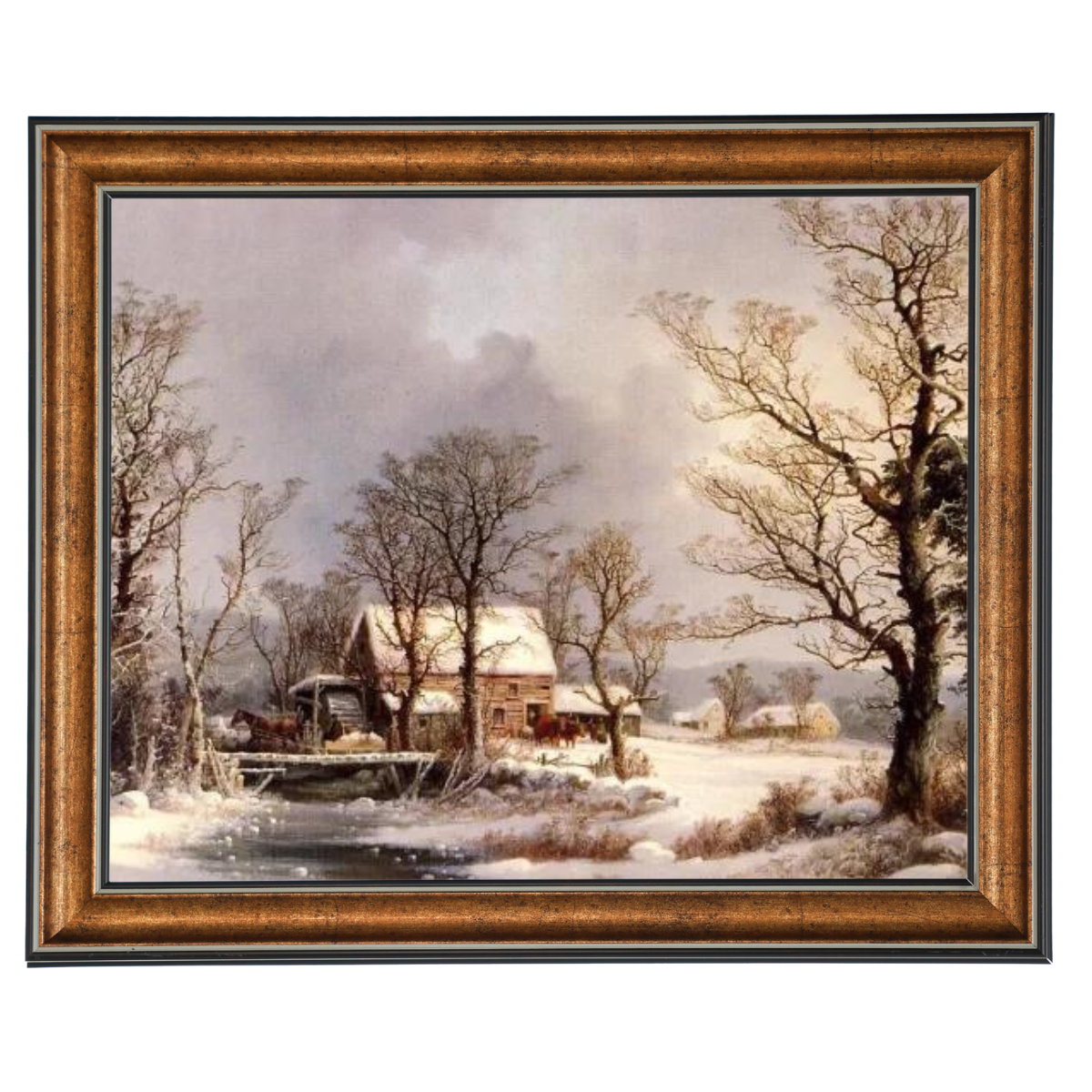 Winter auf dem Land, die alte Getreidemühle - Vintage Wandkunstdrucke Dekor für Wohnzimmer