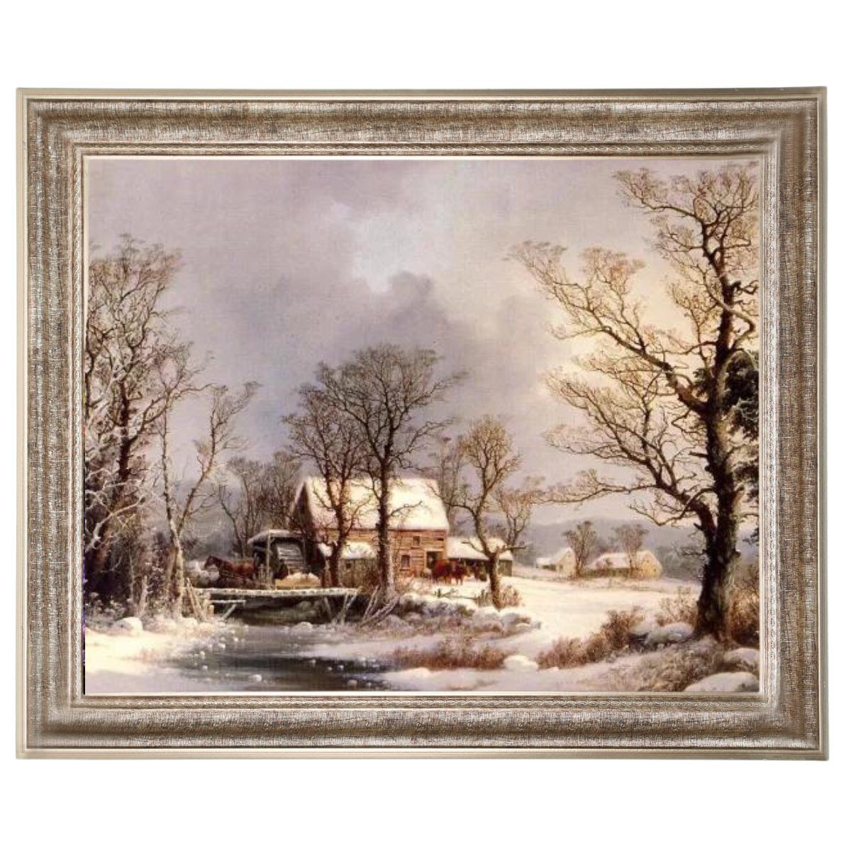 Winter auf dem Land, die alte Getreidemühle - Vintage Wandkunstdrucke Dekor für Wohnzimmer