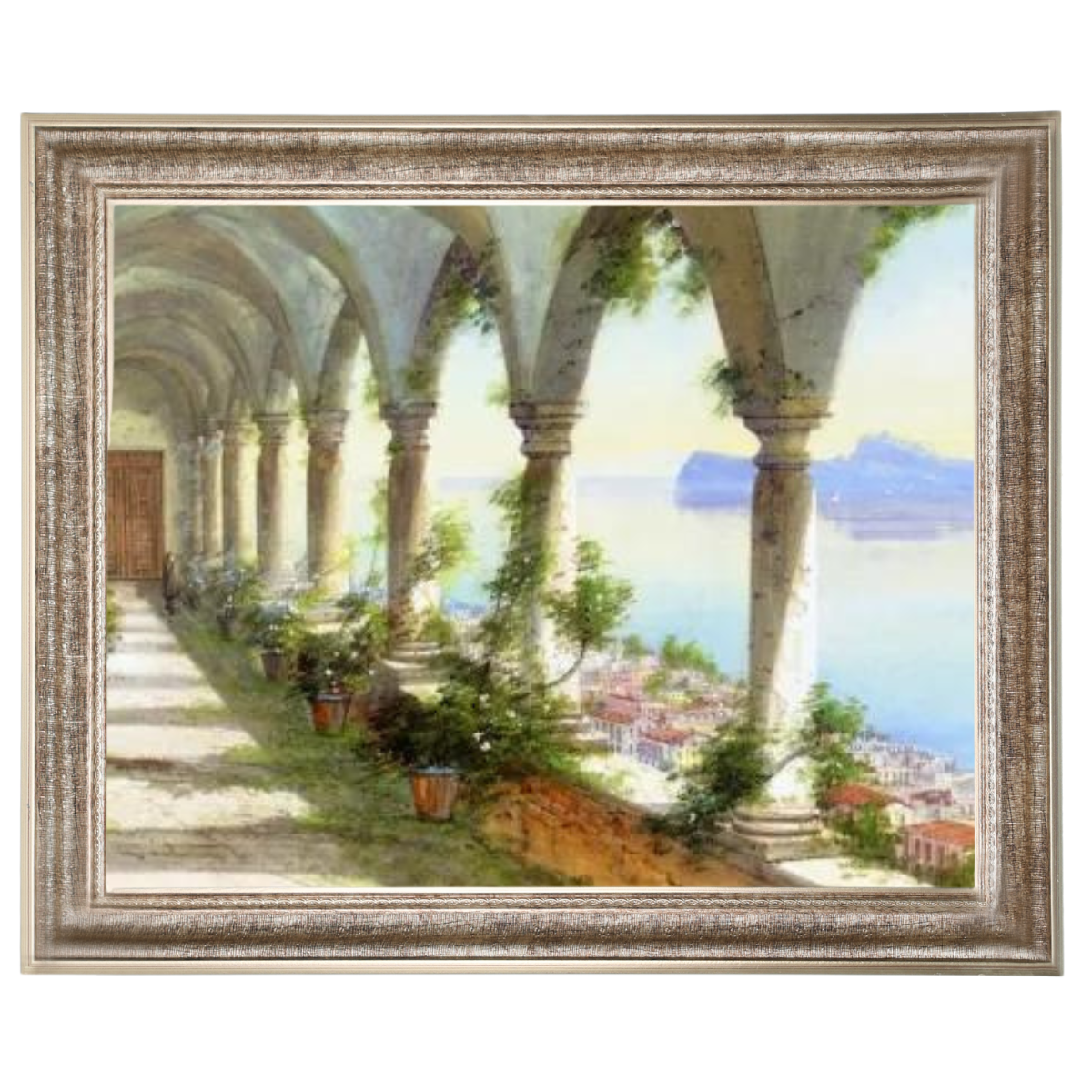 Eine Säulenhalle mit Blick auf die Insel Capri - Vintage Wandkunstdrucke Dekor für Wohnzimmer