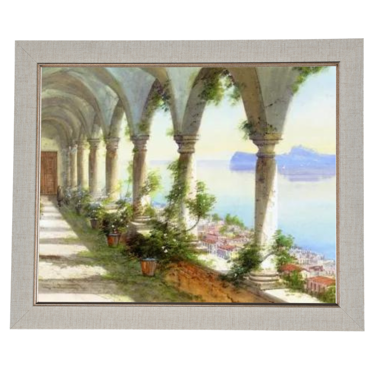 Eine Säulenhalle mit Blick auf die Insel Capri - Vintage Wandkunstdrucke Dekor für Wohnzimmer