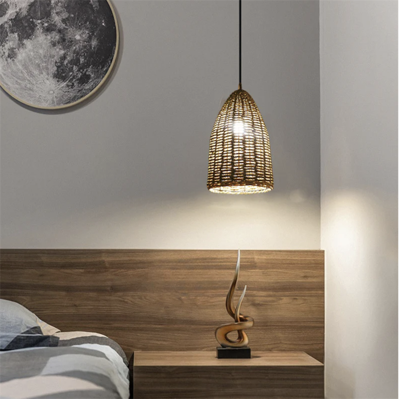 Ritta Retro LED Pendelleuchte Metall/Rattan Schlafzimmer