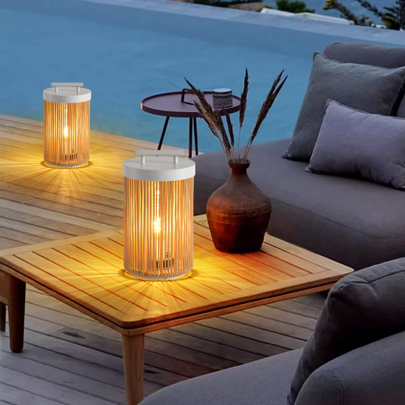 Ritta Modern LED Stehlampe, Zylinder, Metall/Rattan, Außen