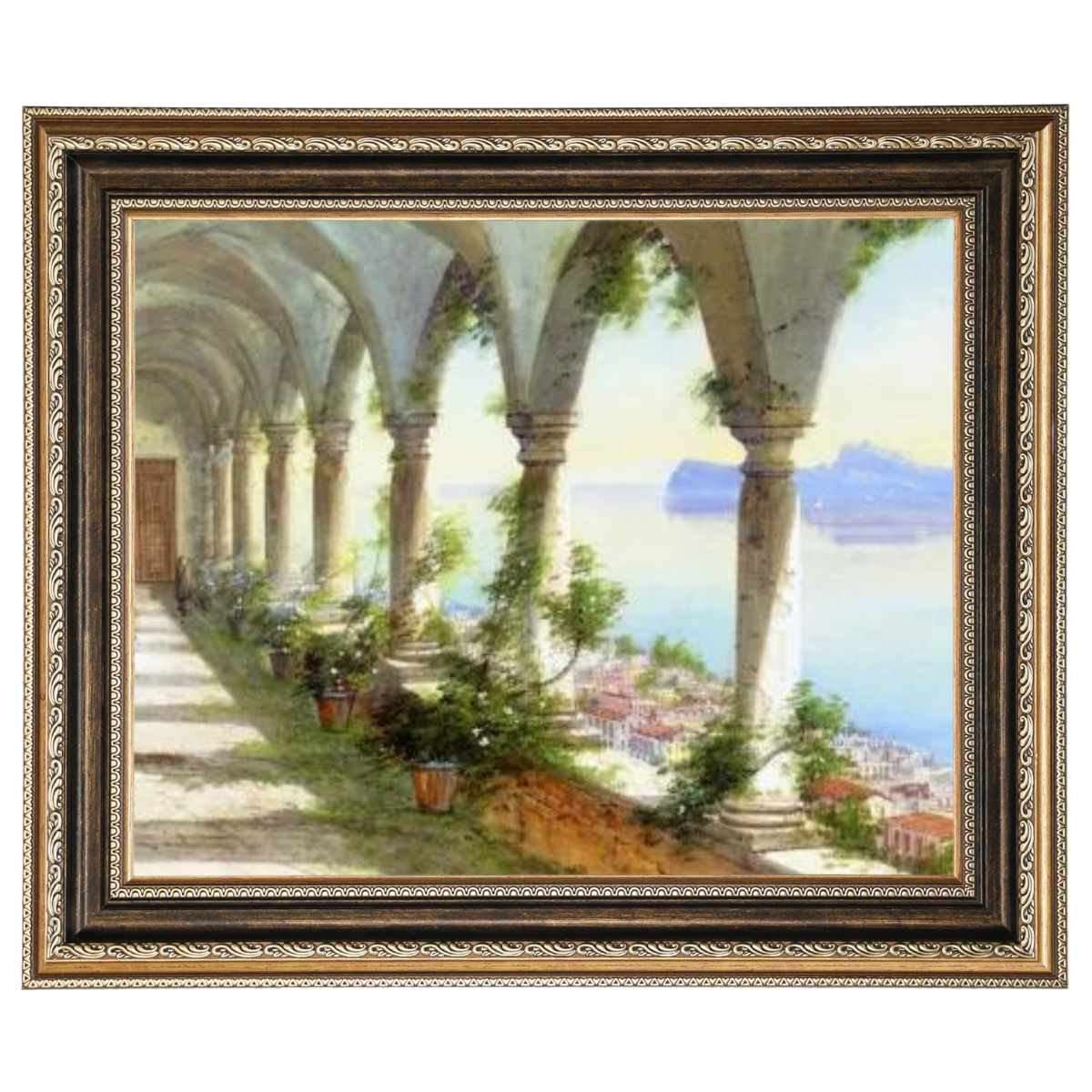 Eine Säulenhalle mit Blick auf die Insel Capri - Vintage Wandkunstdrucke Dekor für Wohnzimmer