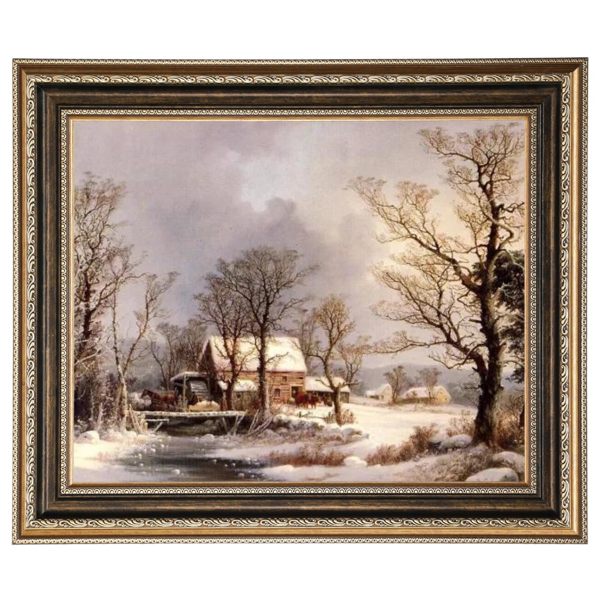 Winter auf dem Land, die alte Getreidemühle - Vintage Wandkunstdrucke Dekor für Wohnzimmer