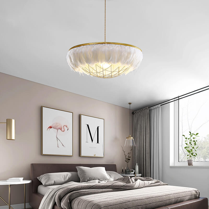 O'Moore Moderne LED Kronleuchter Weiß Metall Feder Wohnzimmer