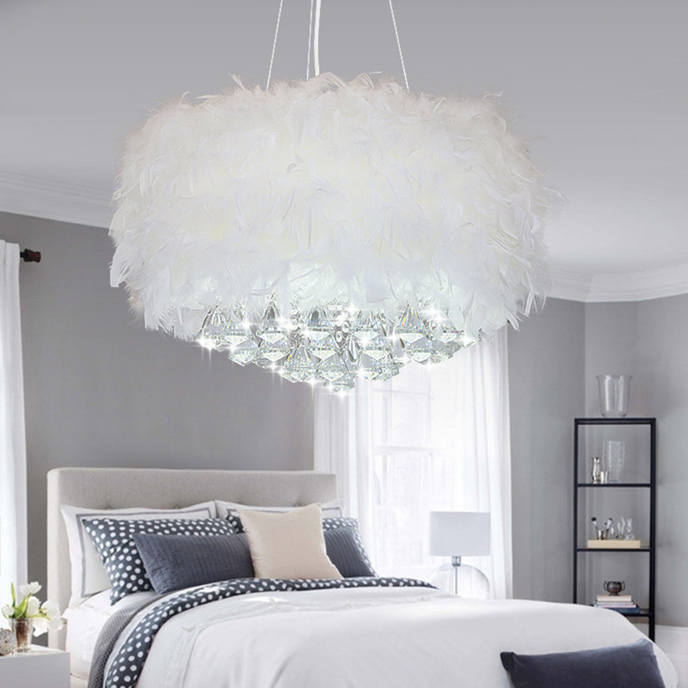 O'Moore Modern LED Pendelleuchte Weiß Wohnzimmer Metall&Feder&Kristall