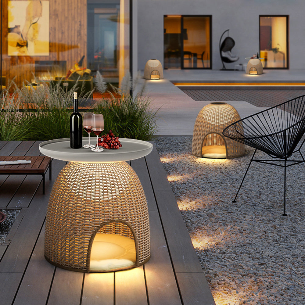 Ritta Natürlich LED Außenstehleuchte mit Tisch Garten  Metall/Rattan USB/Solar 40/47CM