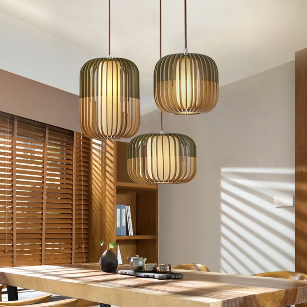 Ozawa Moderne LED Pendelleuchte Schlaf/Wohnzimmer Gold Holz/Stoff