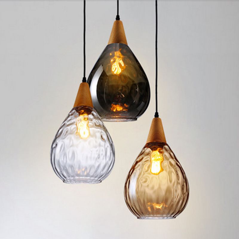 Avi Vintage Tränentropfen LED Pendelleuchte Klar/Grau Schlaf/Wohn/Esszimmer Glas&Holz