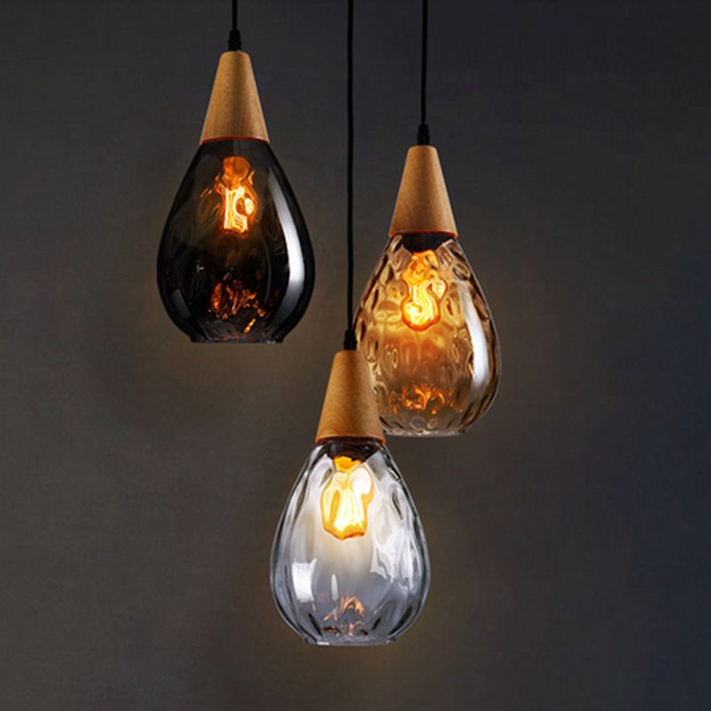 Avi Vintage Tränentropfen LED Pendelleuchte Klar/Grau Schlaf/Wohn/Esszimmer Glas&Holz