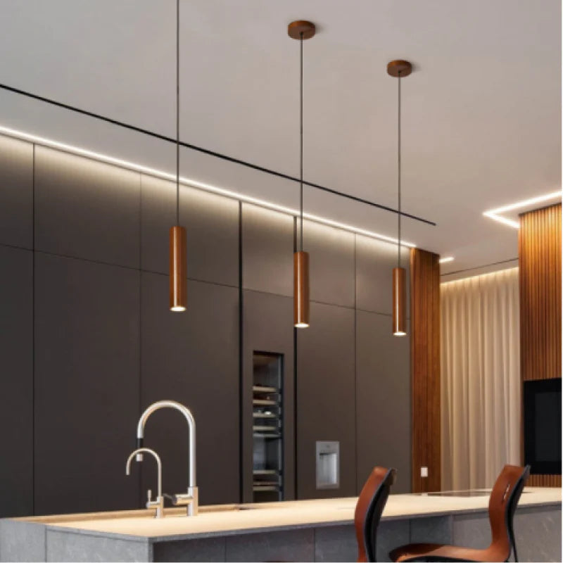 Ozawa Modern LED Pendelleuchte Gelb/Braun Zylinder Ess/Wohnzimmer Holz
